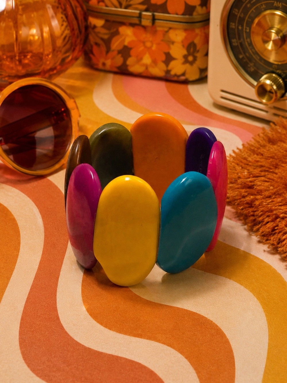 Vintage Retro Rainbow Bright Colors Tagua Oval Shape Stretch Bracelet